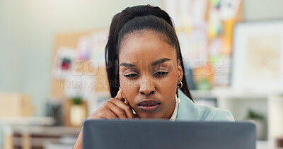 Buy stock photo Business, thinking and black woman in office, laptop and confused with publishing industry. African person, editor and employee with feedback, copywriting and doubt with problem solving and review