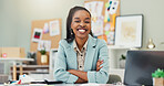 Fashion designer, portrait and black woman with smile, arms crossed or custom boutique. Female entrepreneur, confident or proud African worker with creativity in startup, workplace or small business