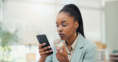 Buy stock photo Business, woman and phone with pills in office for medicine research, reading dosage and information. African person, mobile and drugs for pharmaceutical advice, medical instructions and side effects