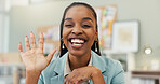 Business, portrait and black woman in office, video call and waving with greeting, virtual meeting and smile. African person, employee or consultant in workplace, hello or online webinar with speaker