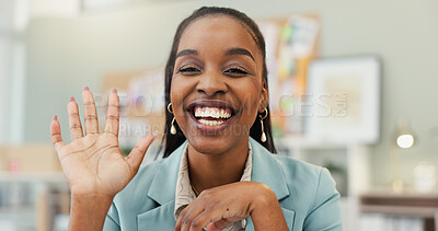 Buy stock photo Business, portrait and black woman in office, video call and waving with greeting, virtual meeting and smile. African person, employee or consultant in workplace, hello or online webinar with speaker