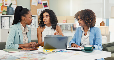 Buy stock photo Laptop, fashion designer and discussion with business women brainstorming project theme. Computer, collaboration and creative group planning, ideas and fabric color in meeting at startup office