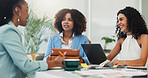Laptop, creative and brainstorming with business women planning on tablet for interior design. Computer, collaboration or happy group in discussion for color ideas or decor sourcing at startup office