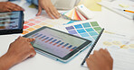 Designer, tablet and hands planning with chart for fashion week expenses, project finance and teamwork. Creative collaboration, people and digital graph for production cost and financial information