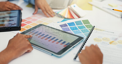 Buy stock photo Designer, tablet and hands planning with chart for fashion week expenses, project finance and teamwork. Creative collaboration, people and digital graph for production cost and financial information