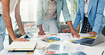 Designer, color swatch and hands of business people in meeting for interior decor, moodboard and teamwork. Palette option, brainstorming and creative agency with employees in startup for remodeling