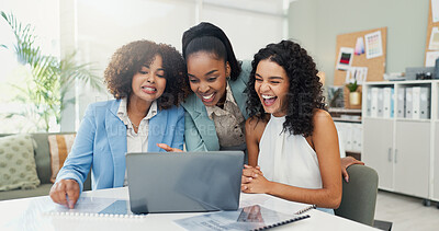 Buy stock photo Laptop, fashion designer and team discussion with women laughing at funny joke. Computer, business collaboration and happy creative group planning ideas for fabric color in meeting at startup office