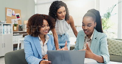 Buy stock photo Laptop, business and team planning with women brainstorming fashion design project theme. Computer, creative and group discussion for ideas, fabric and clothing color in meeting at startup office
