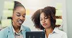 Meeting, ideas and business women on tablet for research, brainstorming and planning for project. Creative, office and people on digital tech with sticky notes for discussion, teamwork and strategy