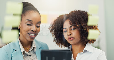 Buy stock photo Meeting, ideas and business women on tablet for research, brainstorming and planning for project. Creative, office and people on digital tech with sticky notes for discussion, teamwork and strategy