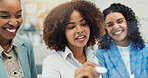 Writing, group and women with ideas, business and colleagues with smile for brainstorming and glass. Meeting, employees and people with notes for startup, public relations and collaboration in office