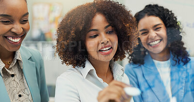 Buy stock photo Writing, group and women with ideas, business and colleagues with smile for brainstorming and glass. Meeting, employees and people with notes for startup, public relations and collaboration in office
