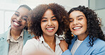 Woman, friends and selfie with portrait at office, synergy and connection for post on social media. People, group and smile with photography, profile picture or solidarity with hug at creative agency