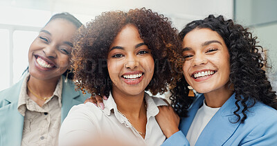 Buy stock photo Woman, friends and selfie with portrait at office, synergy and connection for post on social media. People, group and smile with photography, profile picture or solidarity with hug at creative agency