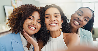Buy stock photo Woman, team and selfie with portrait at office, happy or connection for post on social media. People, group or smile with photography POV, profile picture or solidarity with friends at finance agency