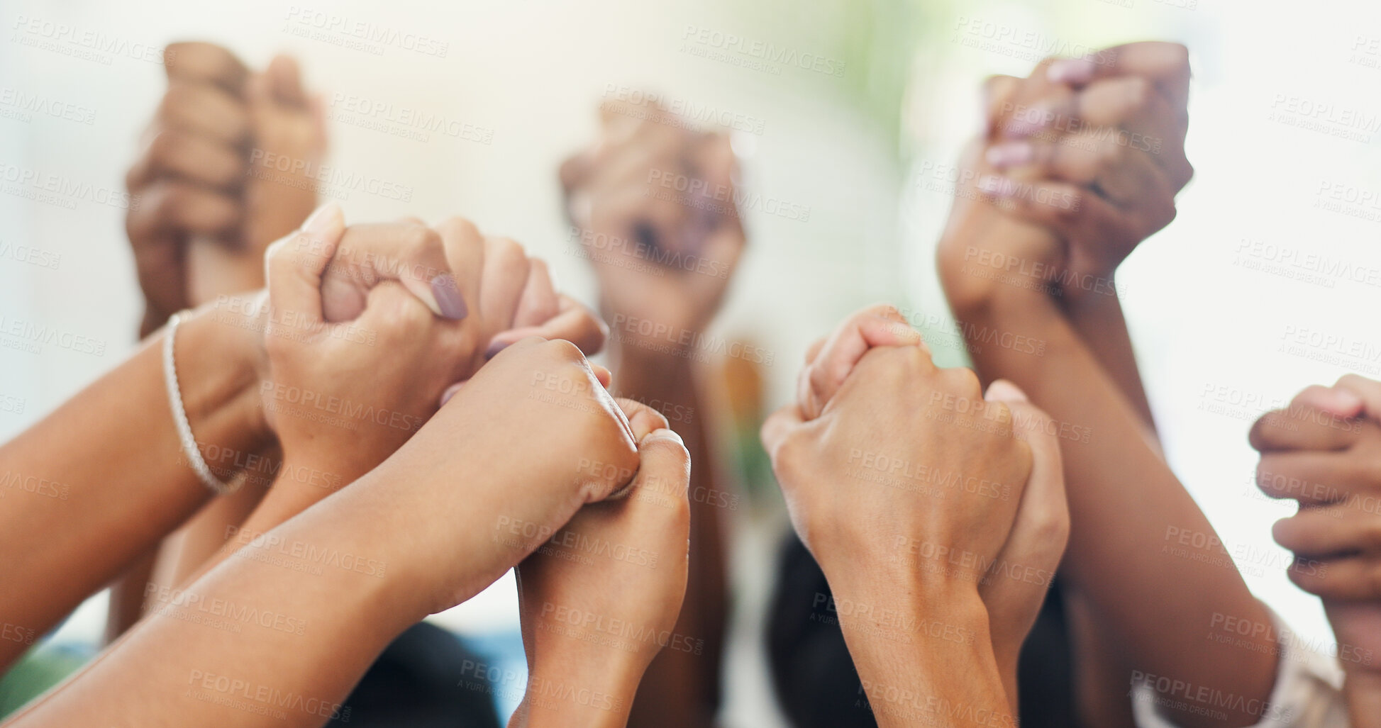 Buy stock photo Business, people and holding hands with closeup support for team building, office community and solidarity. Group, employees and collaboration at workplace for corporate unity, partnership or meeting