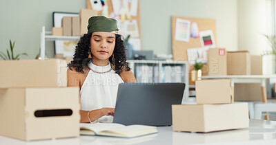 Buy stock photo Laptop, typing and shipping with woman and small business for delivery schedule, ecommerce and inventory. Logistics, distribution and cargo with person in office supply warehouse for stock and online