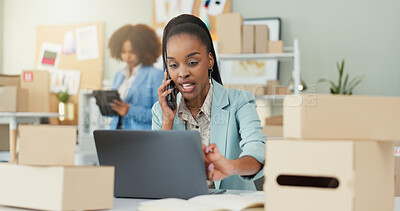 Buy stock photo Laptop, phone call and delivery with woman and small business for shipping schedule, ecommerce and inventory. Logistics, distribution and cargo with person in office supply warehouse for stock
