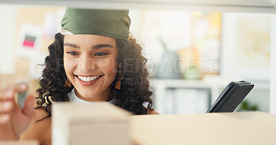 Buy stock photo Tablet, box and logistics with woman and small business for delivery schedule, storage and inventory. Shipping, distribution and cargo with person in warehouse for supply chain, plant and courier
