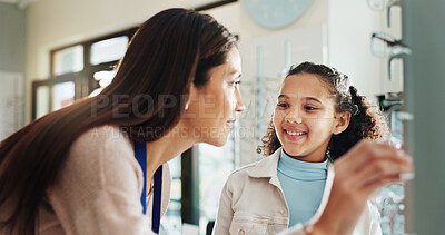 Buy stock photo Optometry, woman and child with glasses shopping for eye care, frame choice or prescription lens in optical store. Eyewear fitting, optician or happy girl with spectacles decision, vision or wellness