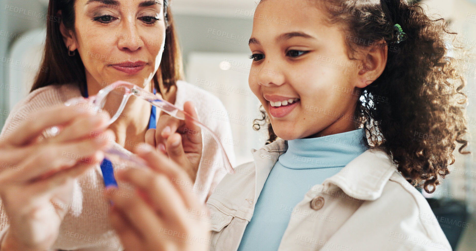Buy stock photo Optometry, woman and child with glasses choice for eye care, frame style or prescription lens in retail store. Eyewear shopping, optician and happy girl with spectacles decision, vision or healthcare