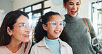 Excited, family or optometry with girl and woman in hospital for appointment, checkup and eye care. Frame, glasses or vision with happy child and optometrist in clinic for ophthalmology consulting