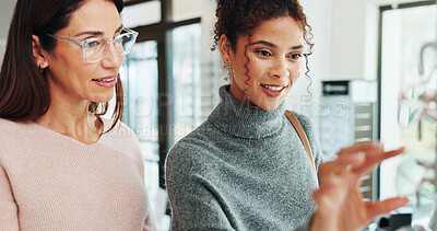 Buy stock photo Optometry, woman and customer with glasses choice for vision, prescription lens or frame fitting in retail store. Eyewear shopping, optician or happy person with spectacles decision or optical health