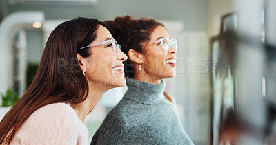 Buy stock photo Optometry, women and client with glasses, help and friendly service with consultation. Clear vision, customer and professional in store, trust or medical advice for designer frame decision or eyewear
