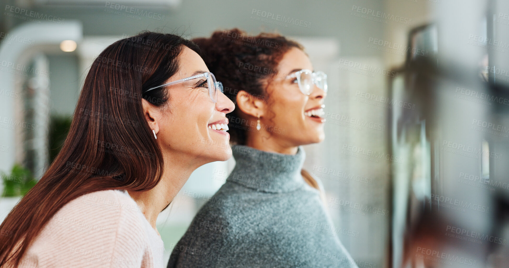 Buy stock photo Optometry, women and client with glasses, help and friendly service with consultation. Clear vision, customer and professional in store, trust or medical advice for designer frame decision or eyewear
