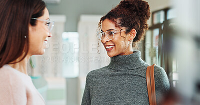 Buy stock photo Appointment, consulting or glasses with optometrist and woman in clinic for prescription lenses. Checkup, eyewear or vision with client and ophthalmologist in optometry workplace for corrective frame