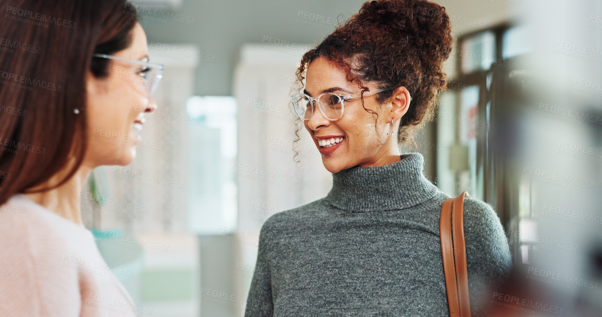 Buy stock photo Appointment, consulting or glasses with optometrist and woman in clinic for prescription lenses. Checkup, eyewear or vision with client and ophthalmologist in optometry workplace for corrective frame