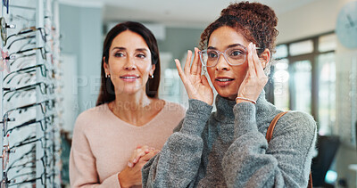 Buy stock photo Eye care, optician and woman with glasses shopping for eyesight, lens correction and frame style choice. Optometry, people and happy with spectacles option for vision prescription and optical health