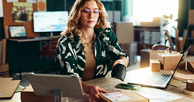 Buy stock photo Box, logistics and scanner with woman in office for delivery, distribution or shipment tracking. Barcode, supply chain and tablet with serious person in depot or warehouse for ecommerce business