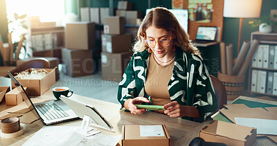 Buy stock photo Barcode, logistics and phone with woman scanning box in office for delivery or shipment tracking. App, photograph and supply chain with person in depot or warehouse for ecommerce and shipping