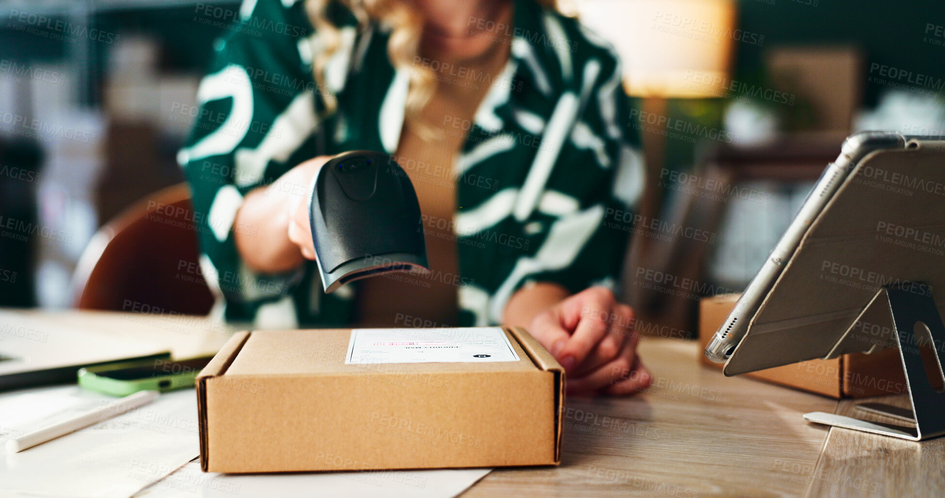 Buy stock photo Box, logistics and scanner in hand of woman at desk for delivery or shipping tracking closeup. Barcode, retail and supply chain with courier person in depot or warehouse for ecommerce shipment