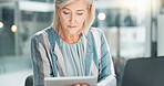 Business, serious and woman with tablet, reading and planning for company growth, online and bokeh. Corporate, entrepreneur and mature person with laptop, thinking and ideas for investment in office