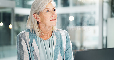 Buy stock photo Office, thinking and woman with laptop, serious and journalist with ideas for article or inspiration. Business, reporter and contemplating for story in newsroom, bokeh and mature person with tech