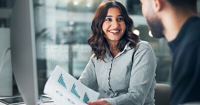 Buy stock photo Meeting, documents and business people in office with finance, investment or dividend report. Discussion, happy and financial managers with chart paperwork for company profit statistics in workplace.