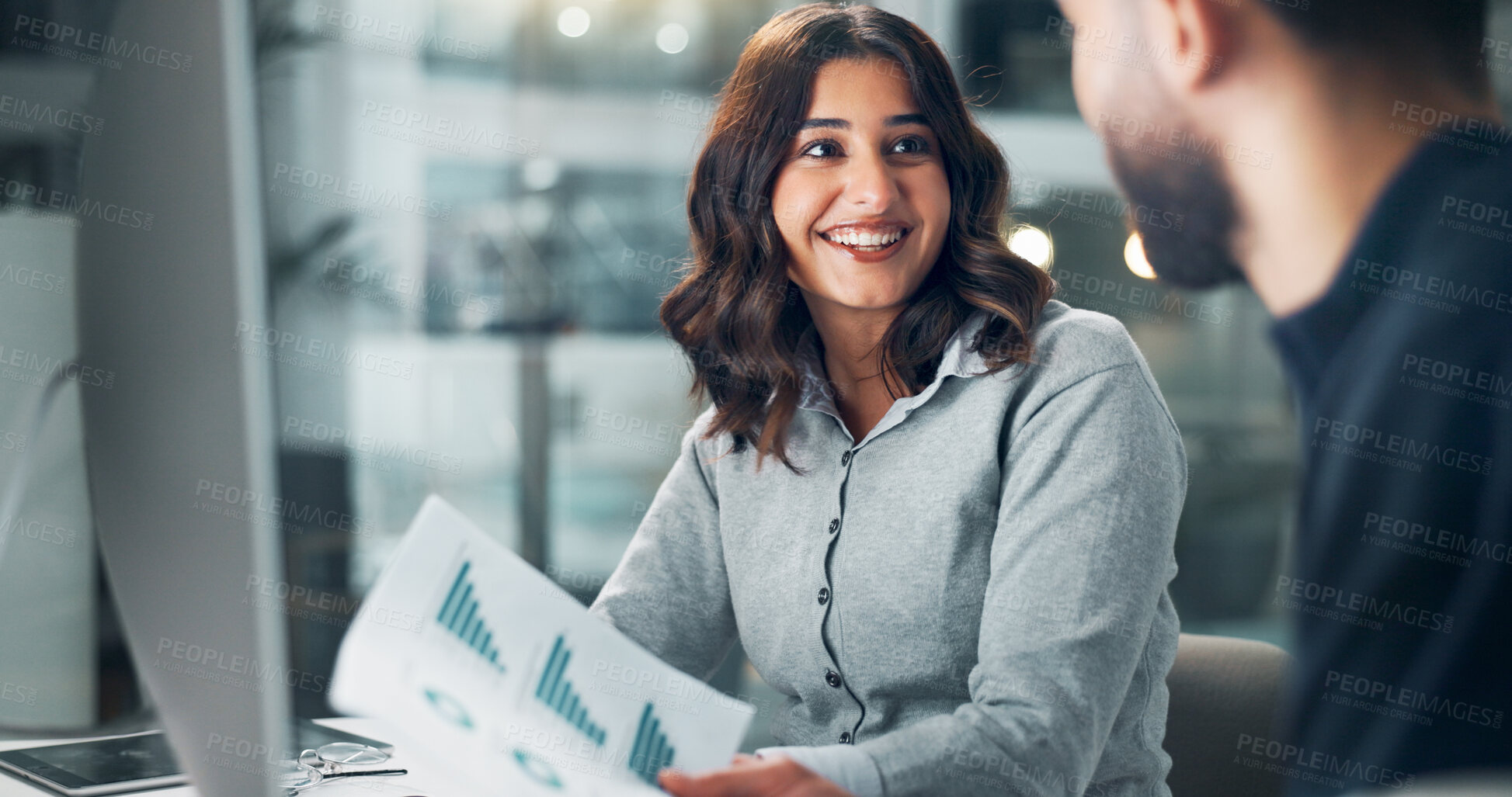 Buy stock photo Meeting, documents and business people in office with finance, investment or dividend report. Discussion, happy and financial managers with chart paperwork for company profit statistics in workplace.