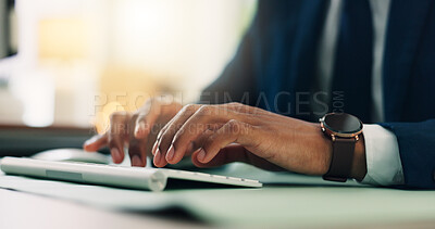 Buy stock photo Laptop, hands and businessman in office typing for research with finance report for planning budget. Keyboard, tech and closeup of financial manager with online investment for company in workplace.