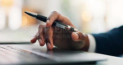 Buy stock photo Business person, hand and pen with laptop for accounting, investment or company audit at office desk. Closeup, accountant or employee browsing network with computer for online finance or budget app