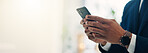 Hands, businessman and texting with phone in office of communication, schedule update and accountant. Person, mobile and reading corporate news, email feedback and financial report of investment chat
