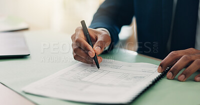 Buy stock photo Business person, hands and writing with documents for corporate finance, application or audit at office. Closeup, accountant or budget with form for financial planning, costs or expenses at workplace