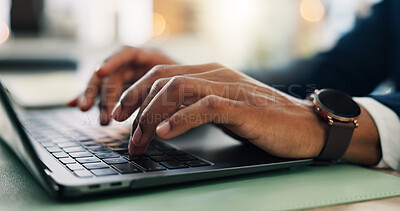 Buy stock photo Laptop, hands and businessman in office with keyboard for research with finance report for planning budget. Typing, tech and closeup of male financial manager with online investment for company.
