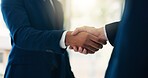 Handshake, deal and business men in office for meeting, partnership or thank you for investment. Contract, agreement and financial manager shaking hands with client for collaboration in workplace.