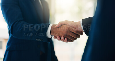Buy stock photo Handshake, deal and business men in office for meeting, partnership or thank you for investment. Contract, agreement and financial manager shaking hands with client for collaboration in workplace.