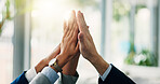 Business people, hands and teamwork with high five for meeting, collaboration or unity at office. Closeup, group or touch with synergy or lens flare for company growth, development or connection