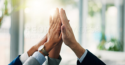 Buy stock photo Business people, hands and teamwork with high five for meeting, collaboration or unity at office. Closeup, group or touch with synergy or lens flare for company growth, development or connection