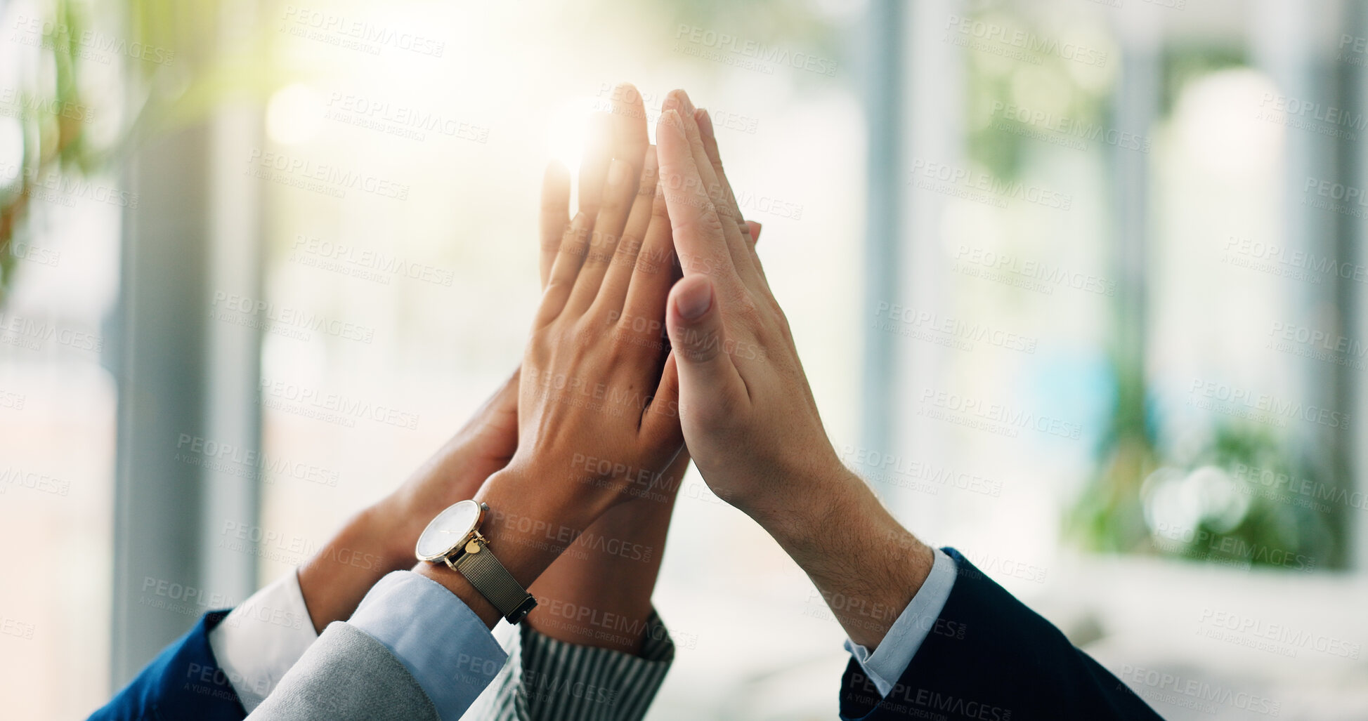 Buy stock photo Business people, hands and teamwork with high five for meeting, collaboration or unity at office. Closeup, group or touch with synergy or lens flare for company growth, development or connection