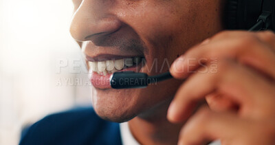 Buy stock photo Headset, happy and mouth of man in call center for online consultation for customer service. Mic, smile and closeup of male agent with tech support for assistance in office with communication.